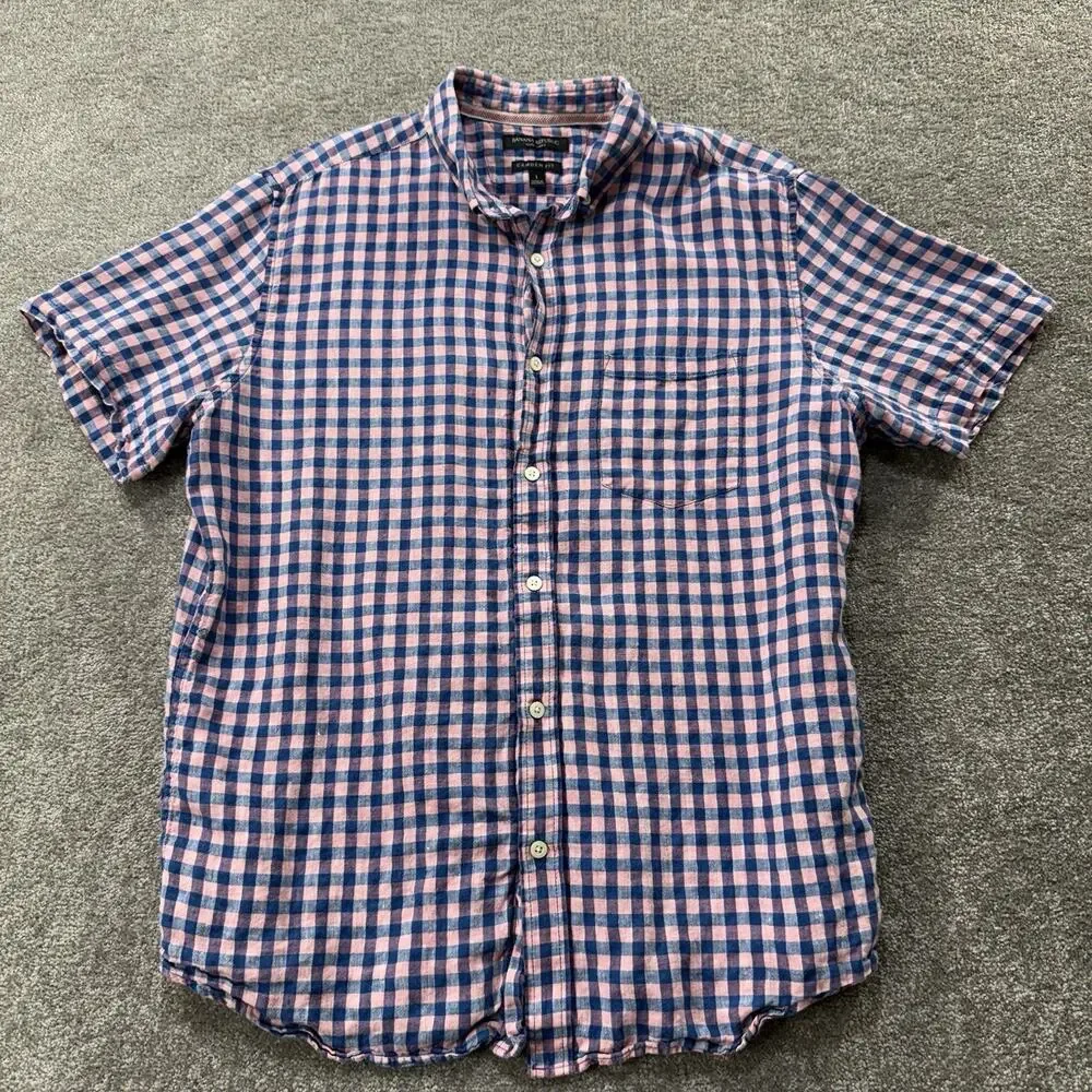 Banana Republic Camden Fit Linen Shirt Mens L Short Sleeve Pink‎ Blue Plaid